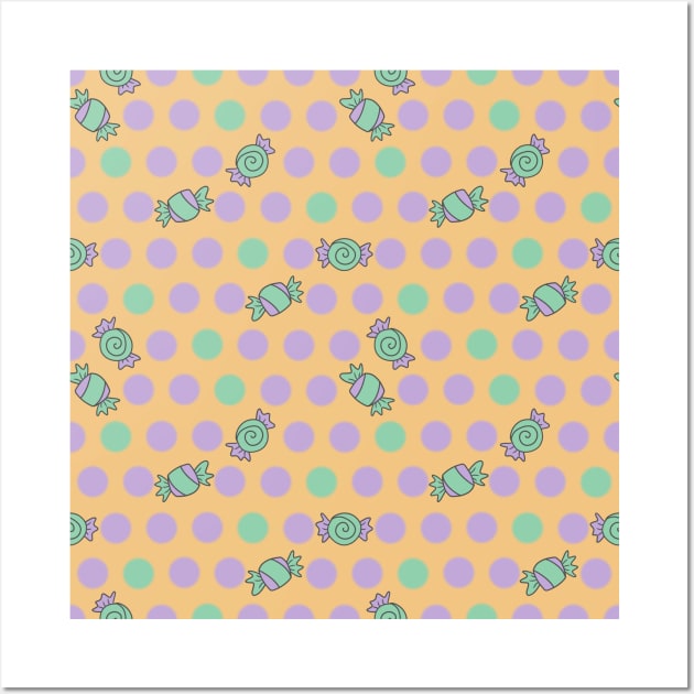 Polka Dots and Scattered Candy - Halloween Pattern - Pastel Colors Wall Art by GenAumonier